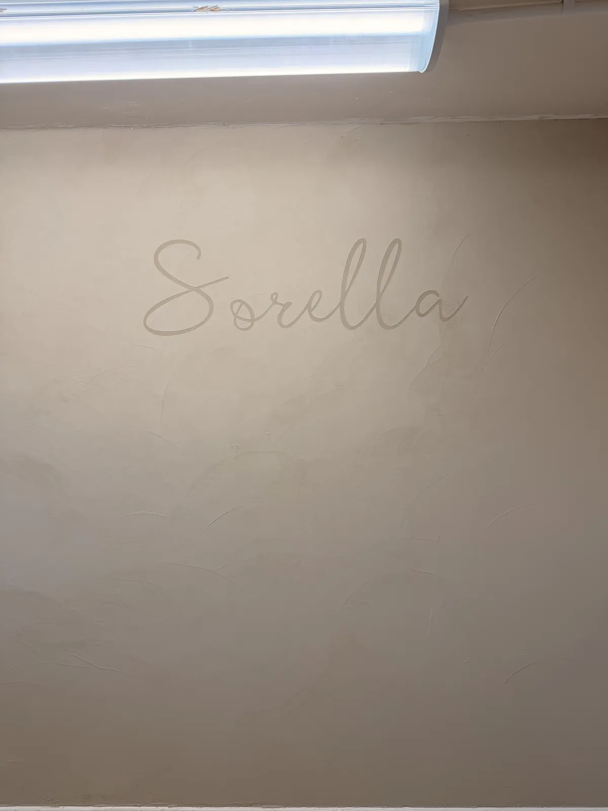 Sorella wordmark pressed into a pale microcement wall, trowel marks visible